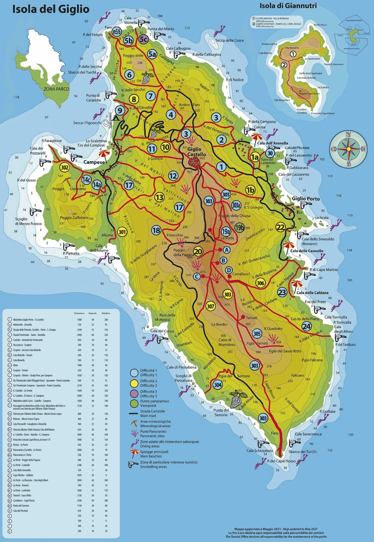 Mappa dell'Isola del Giglio con sentieri, nomi calette, punti panoramici, spiagge e Giannutri