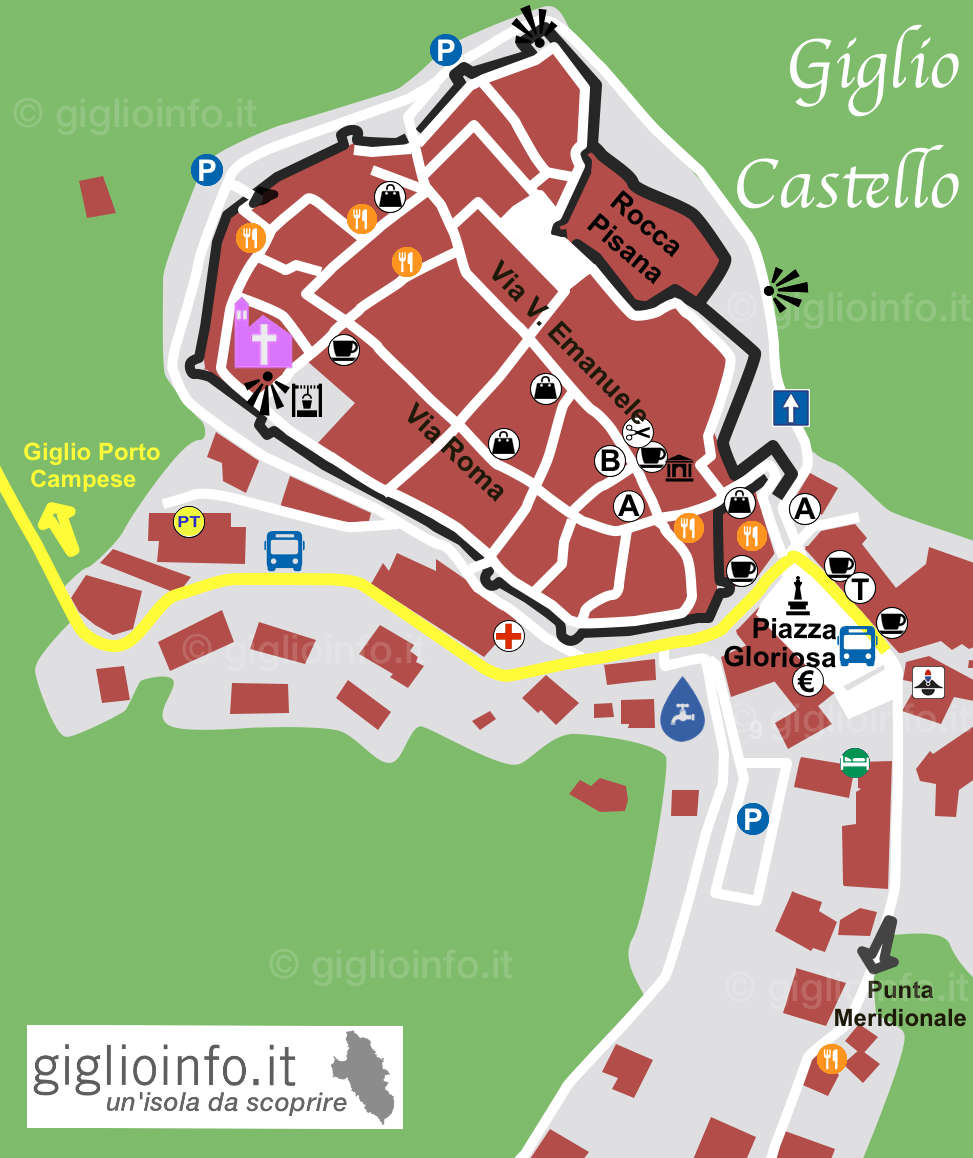 Mappa di Giglio Castello, Isola del Giglio, con Negozi, Alimentari, Attività e Ristoranti