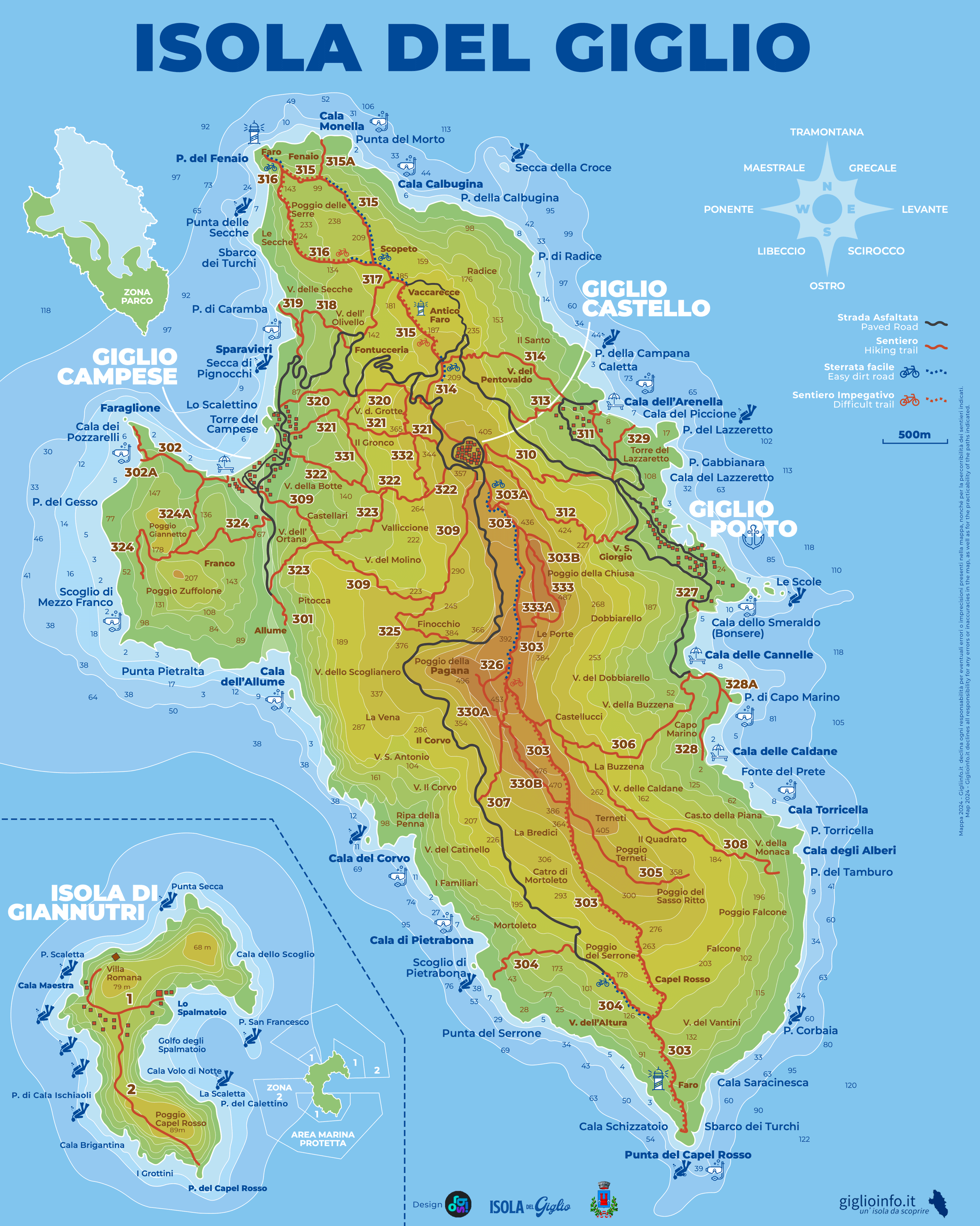 Mappa dell'Isola del Giglio con sentieri, nomi calette, punti panoramici, spiagge e Giannutri