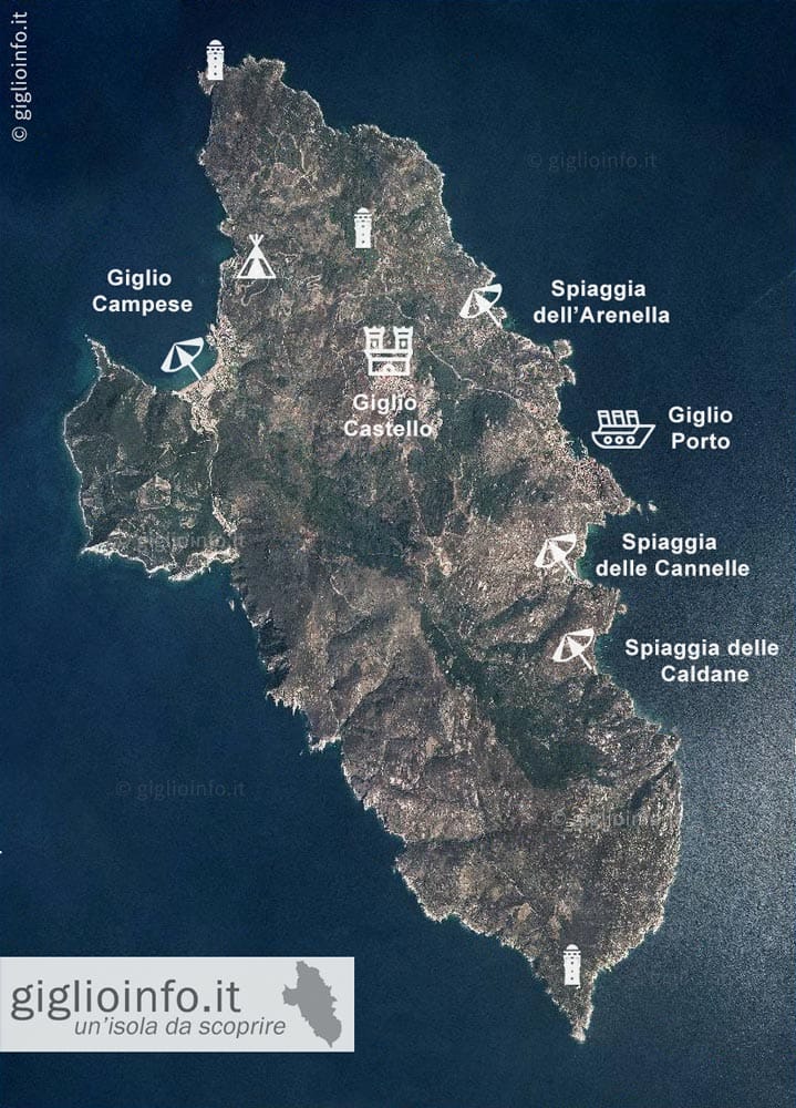 Mappa Satellitare dell'Isola del Giglio con Nomi Paesi e Spiagge