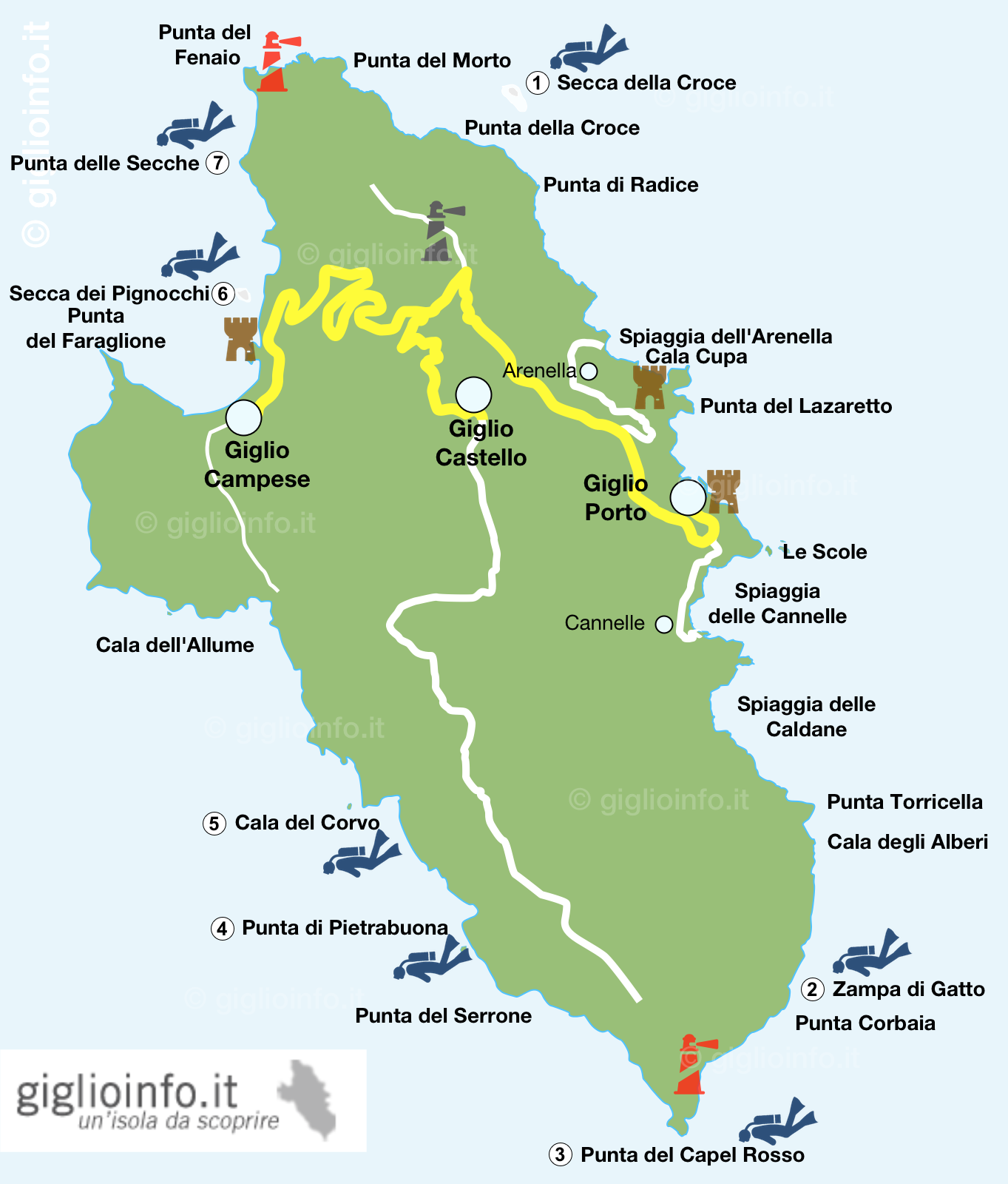 Karte mit Tauchplätzen Insel Giglio