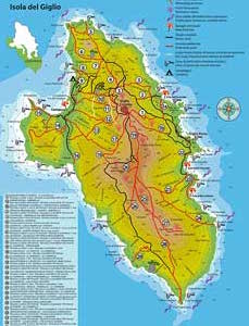 Touristenkarte Insel Giglio mit Wanderwegen