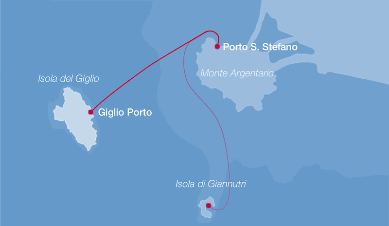 Mappa Tragitto dei Traghetti per Giglio e Giannutri