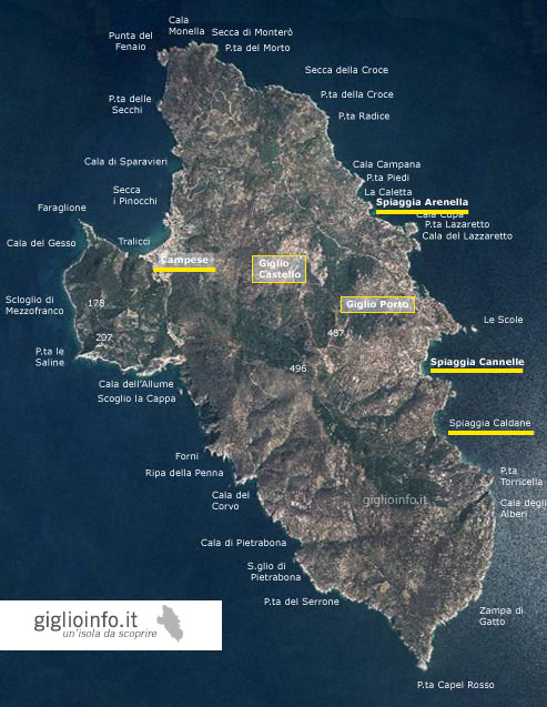 Mappa Satellitare isola del Giglio con Nomi Spiagge