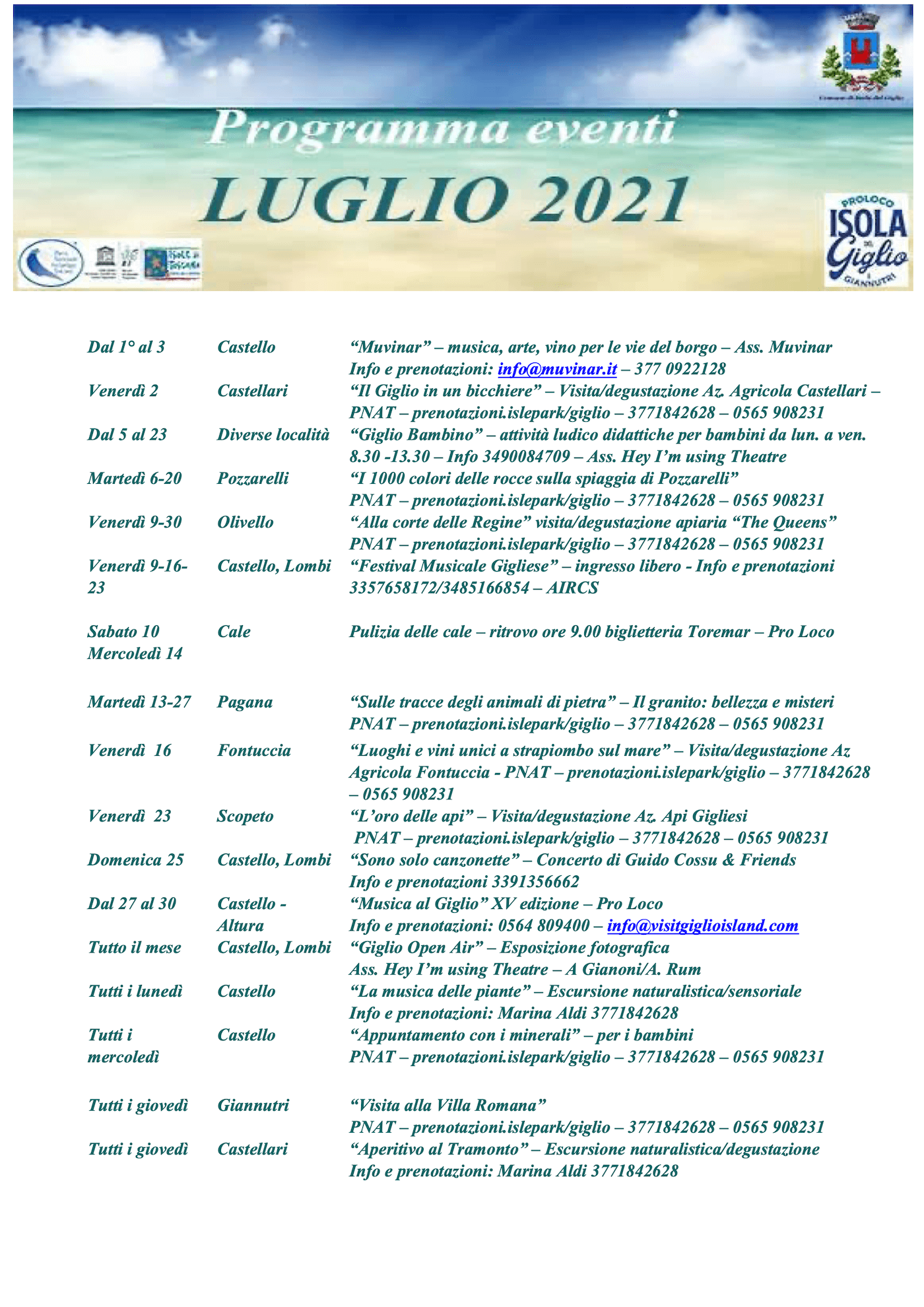 Calendario Eventi Isola del Giglio Luglio 2021