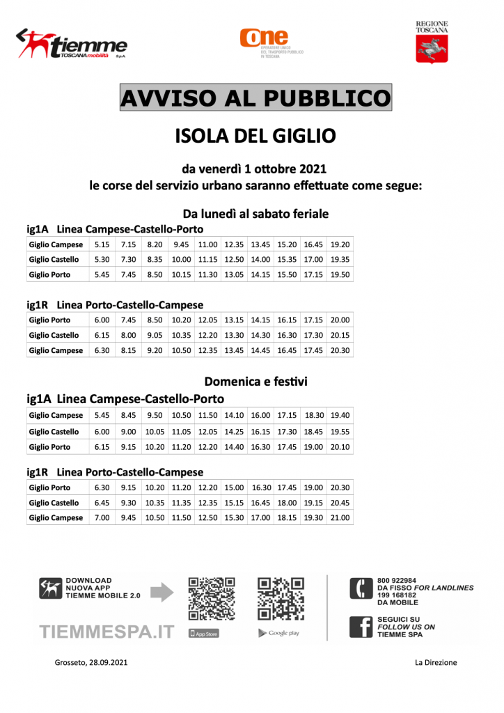 Orari Autobus Isola del Giglio Ottobre 2021