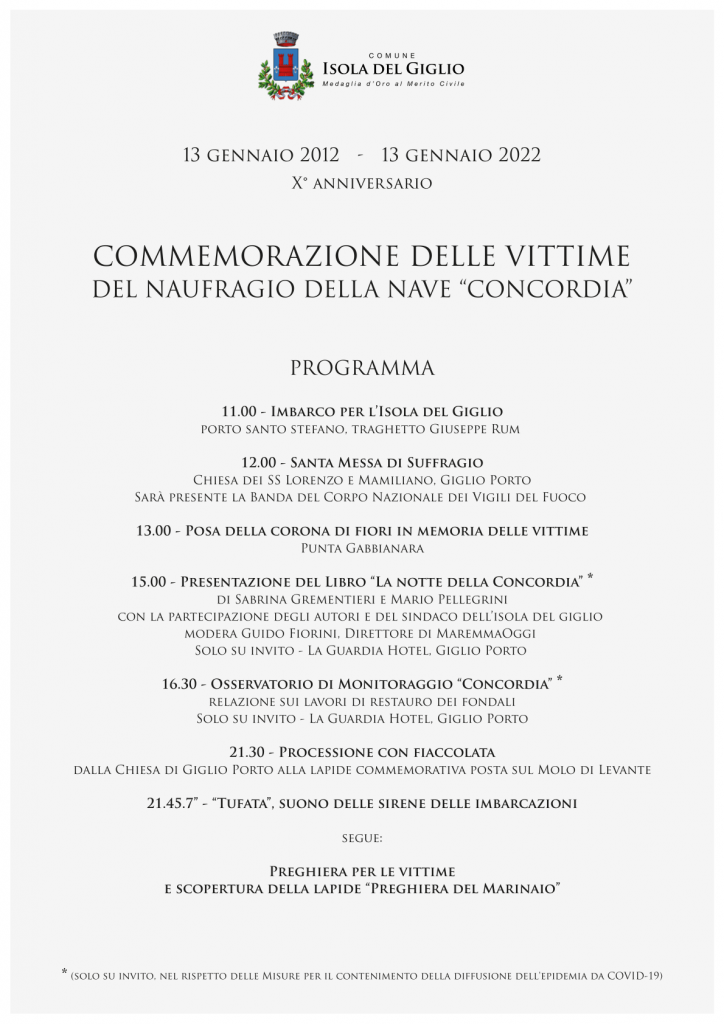 Porgramma della commemorazione decennale delle vittime del naufragio della Costa Concordia all'isola del Giglio 13 gennaio 2022