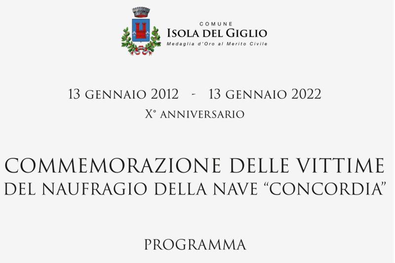 X° Commemorazione decennale delle vittime del naufragio della Costa Concordia all'isola del Giglio 13 gennaio 2022
