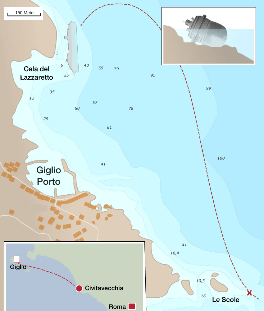Mappa del naufragio della Costa Concordia davanti alla costa dell'Isola del Giglio