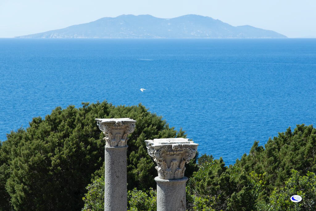 Colonne dell'area archeologica Villa Romana, Isola di Giannutri, con Vista Isola del Giglio