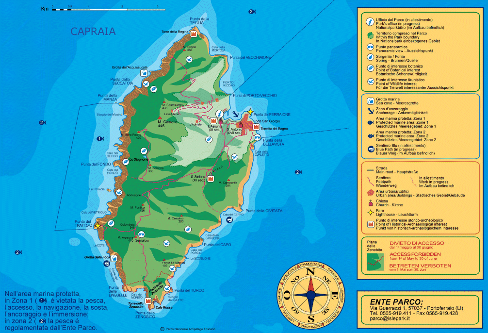 Mappa delle aree protette dell'Isola di Capraia del Parco Nazionale Arcipelago Toscano