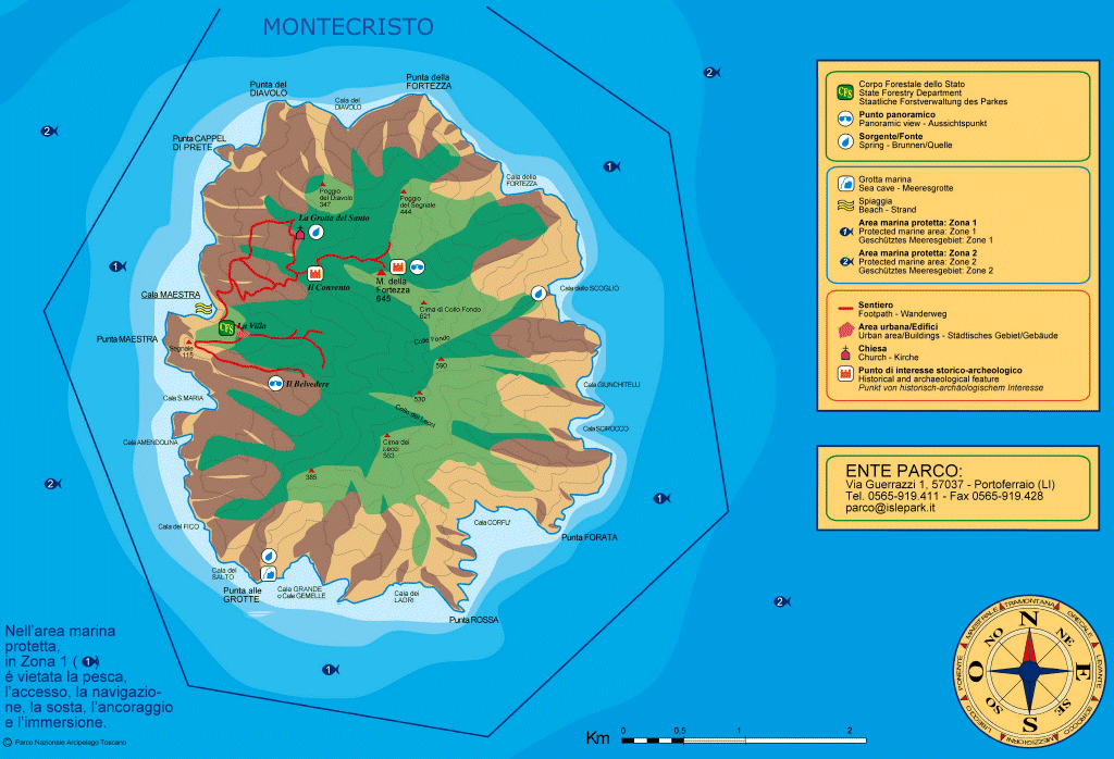 Mappa delle aree protette dell'Isola di Montecristo del Parco Nazionale Arcipelago Toscano