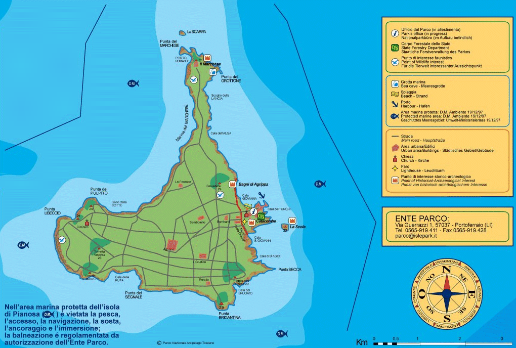 Mappa delle aree protette dell'Isola di Pianosa del Parco Nazionale Arcipelago Toscano