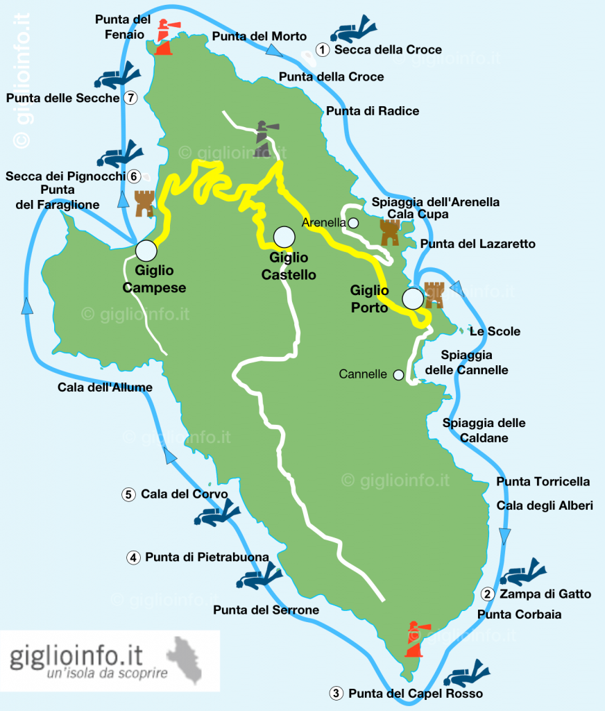 Mappa Giro dell'Isola del Giglio in Barca