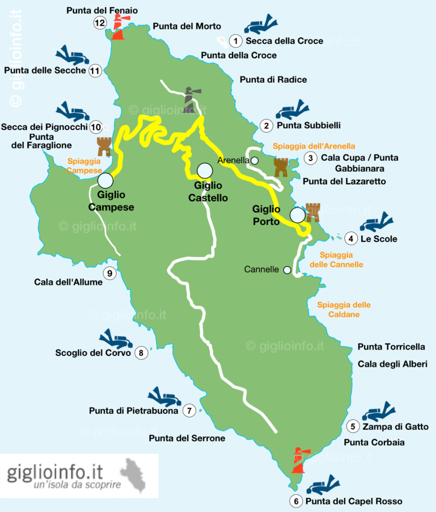 Mappa con Punti d'Immersione all'Isola del Giglio, Toscana
