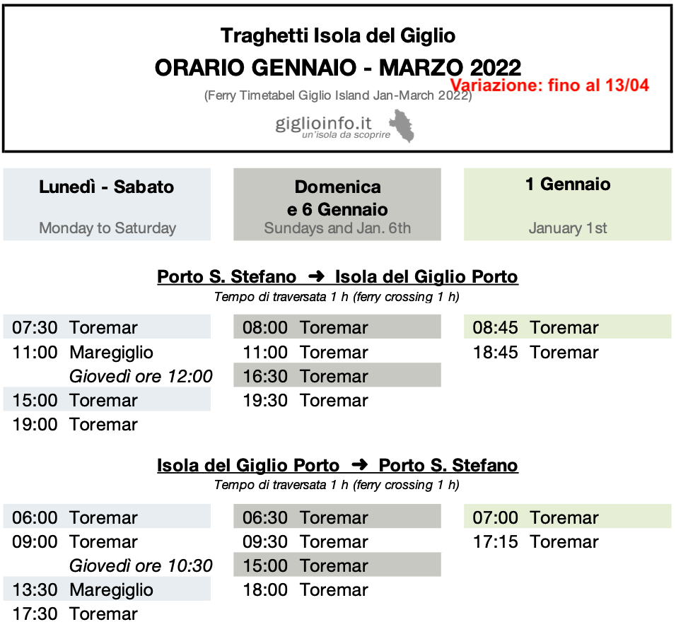 Orari dei Traghetti Isola del Giglio dal 01-13 Aprile 2022