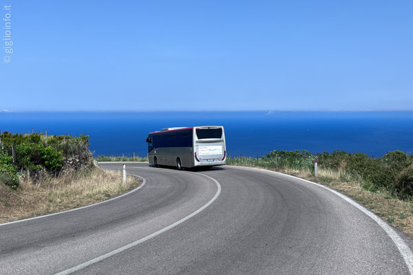 Autobus sulla strada dell'Isola del Giglio con mare