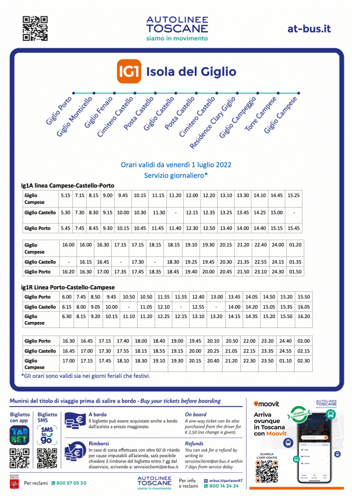 Orari Estivi Linee Autobus Isola del Giglio 2022 dal 1° Luglio