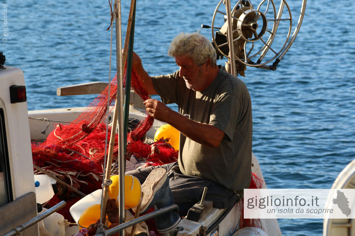 Pescatore nella barca a Giglio Porto che ripara la retina
