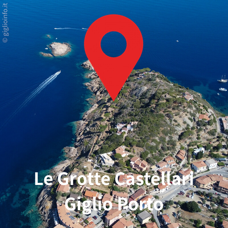 Foto Drone delle Grotte Castellari con Le Scole a Giglio Porto con puntatore