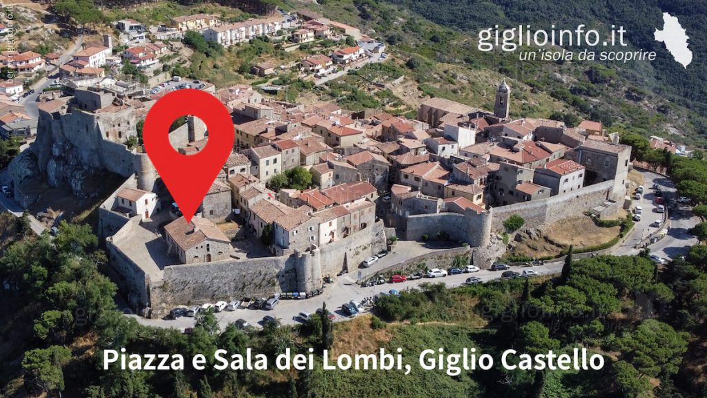 Foto Drone di Giglio Castello con puntatore sulla Piazza e Sala dei Lombi