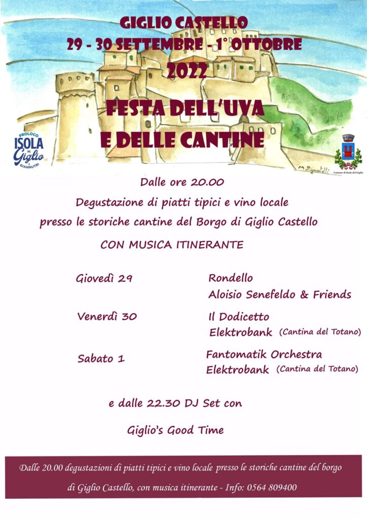 Programma della Festa dell'Uva e delle Cantina a Giglio Castello 2022, Isola del Giglio