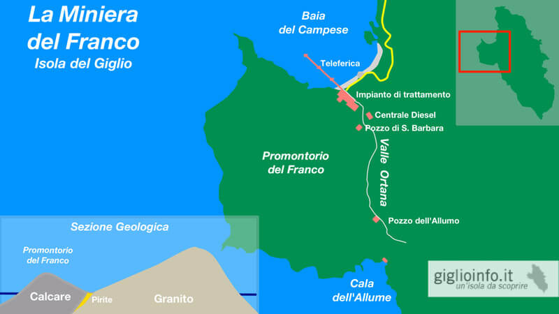 Mappa della Miniera del Franco alll'Isola del Giglio Campese con Sezione Geologica