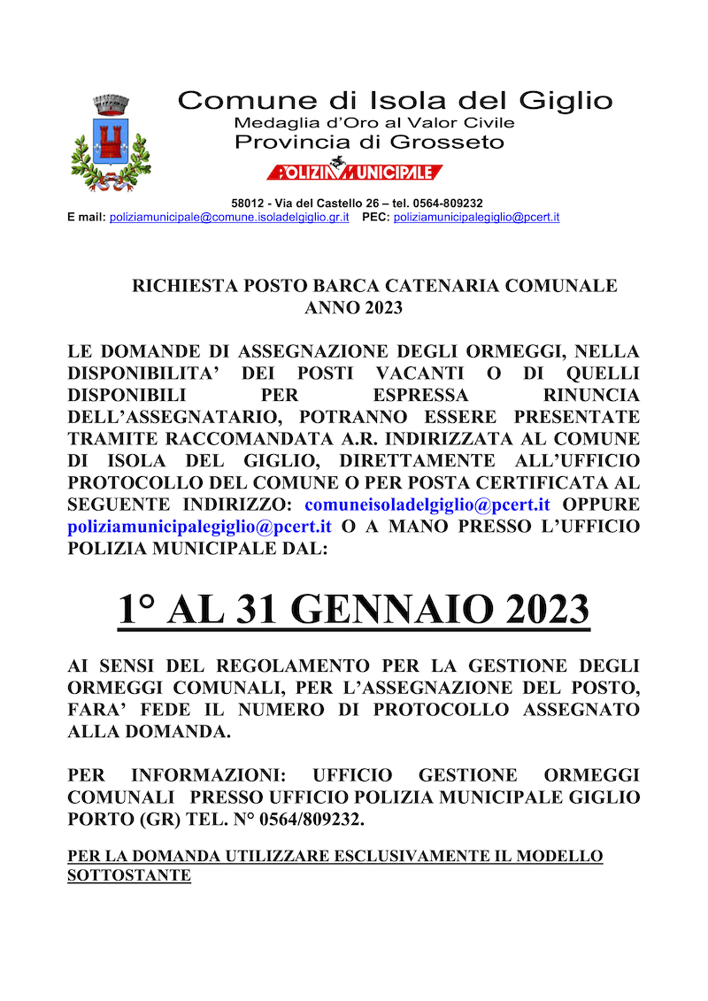 Domanda posto barca catenaria Giglio Porto 2023 Downlaod PDF