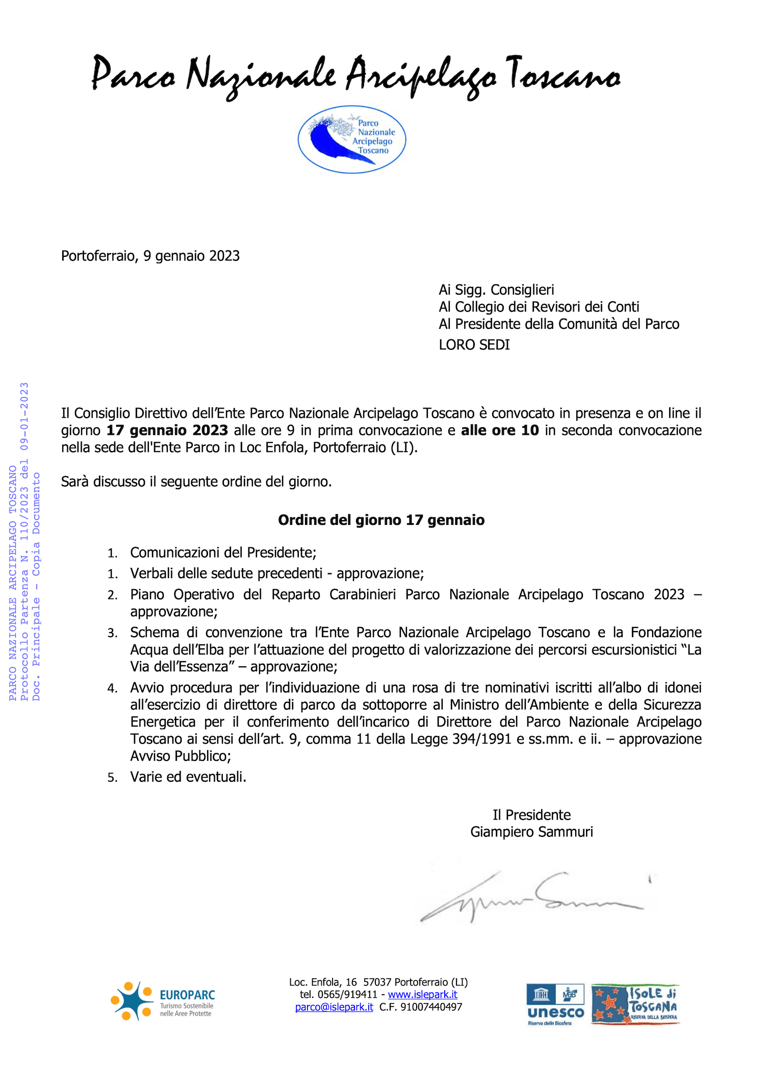 Ordine del Giorno CDA Parco Nazionale Arcipelago Toscano 17 Gennaio 2023