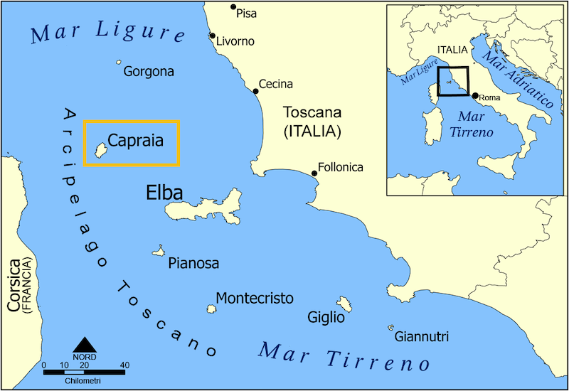 Mappa Arcipelago Toscano con Capraia evidenziata