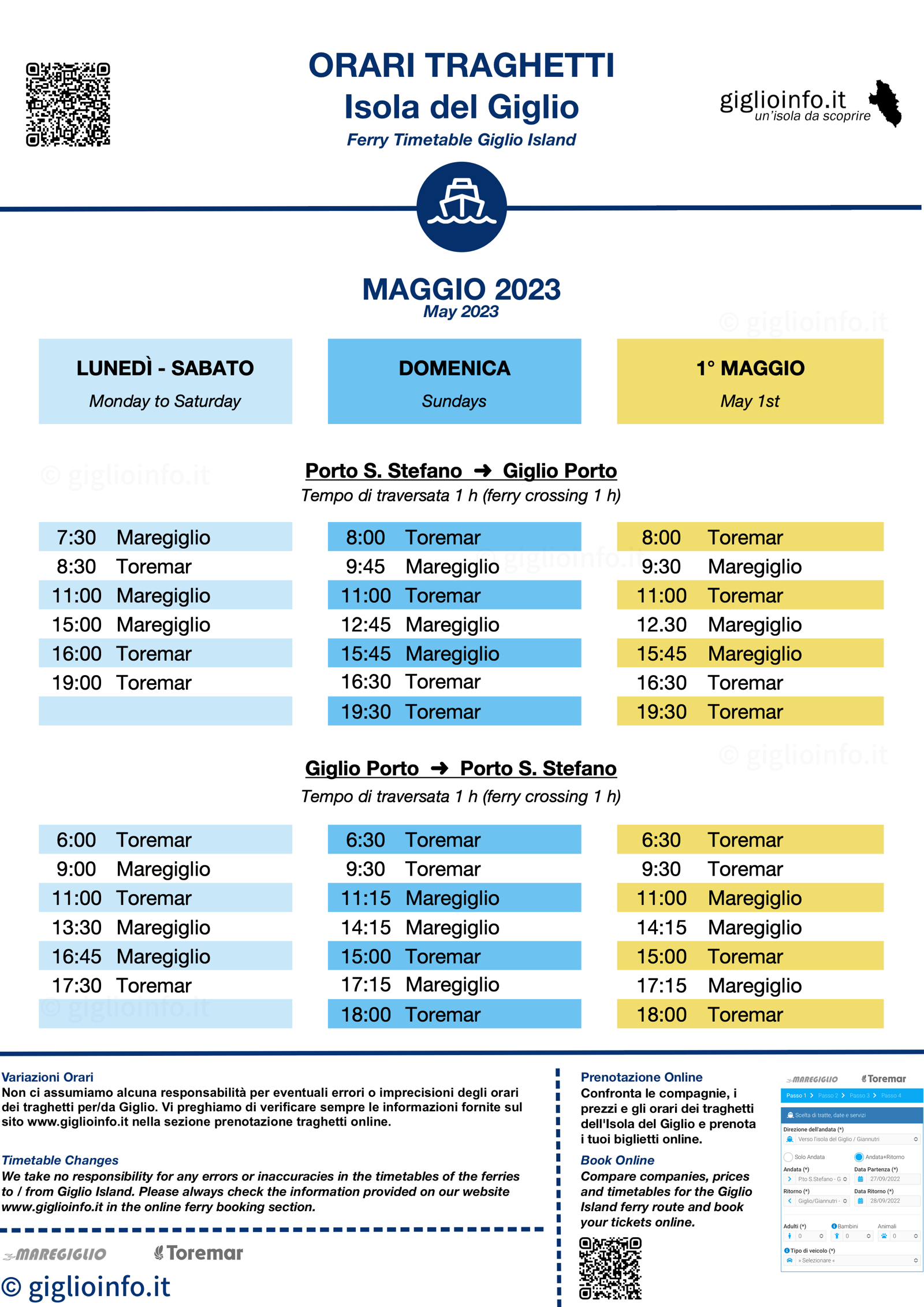 Orari dei Traghetti Isola del Giglio Maggio 2023