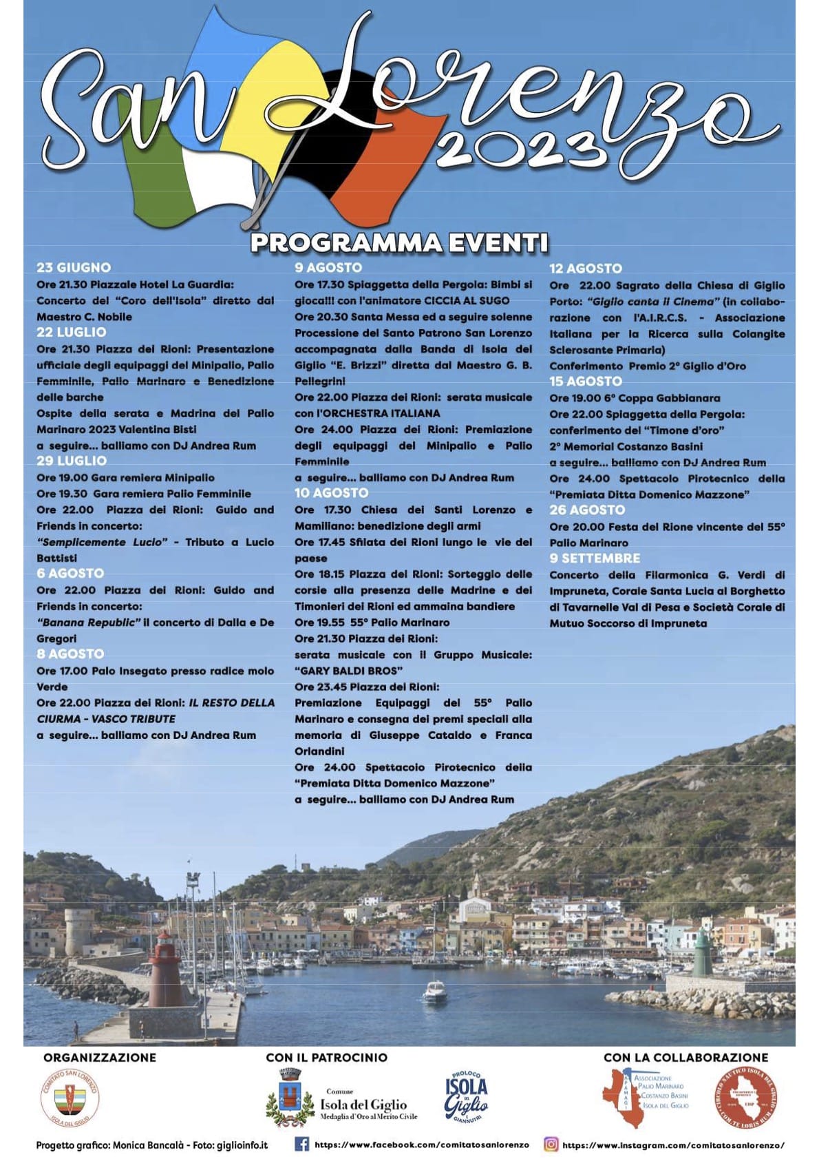 Locandina Festa di San Lorenzo a Giglio Porto con programma eventi 2023
