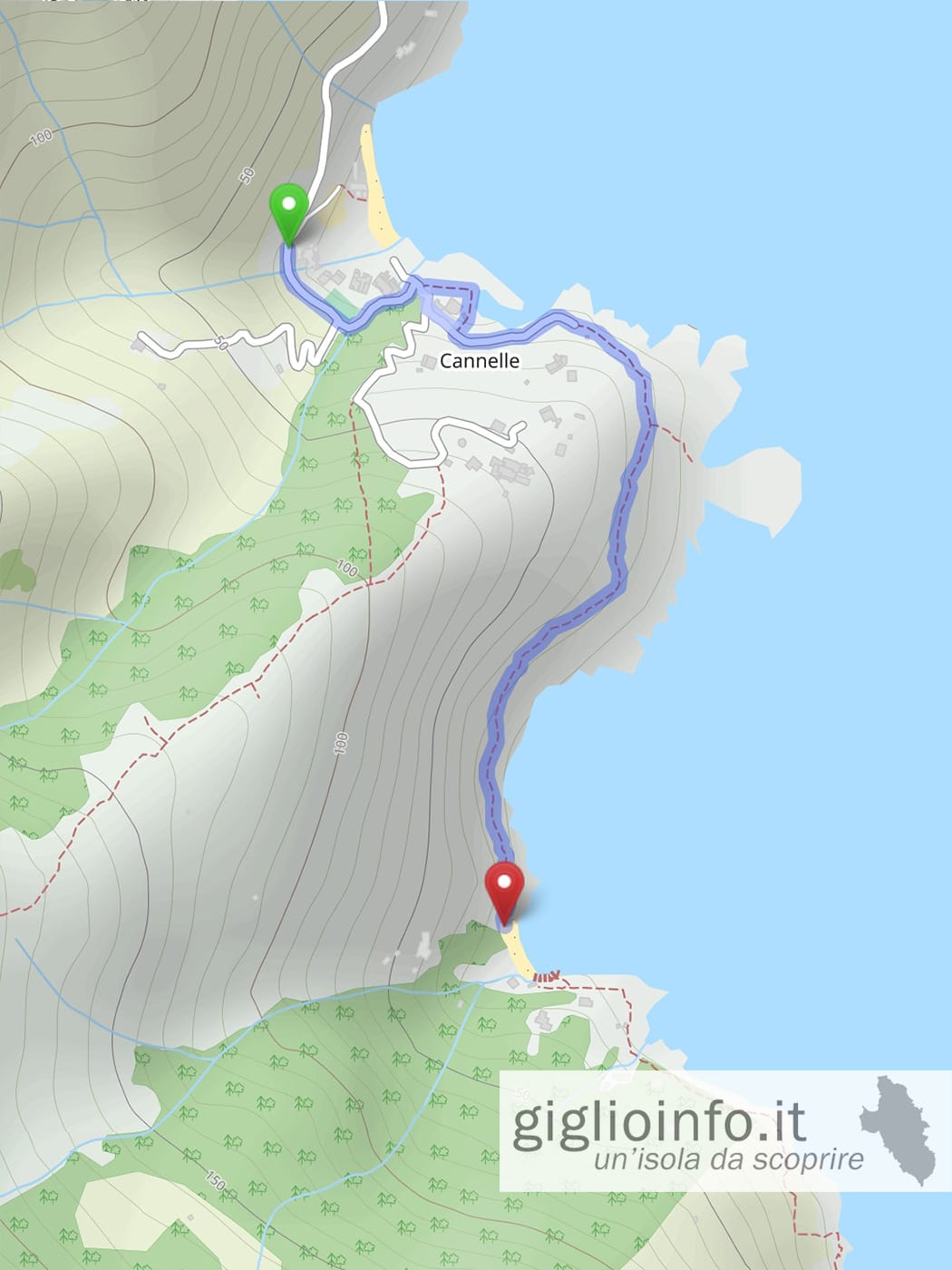Mappa Percorso dalla Spiaggia delle Cannelle alle Spiaggia della Caldane