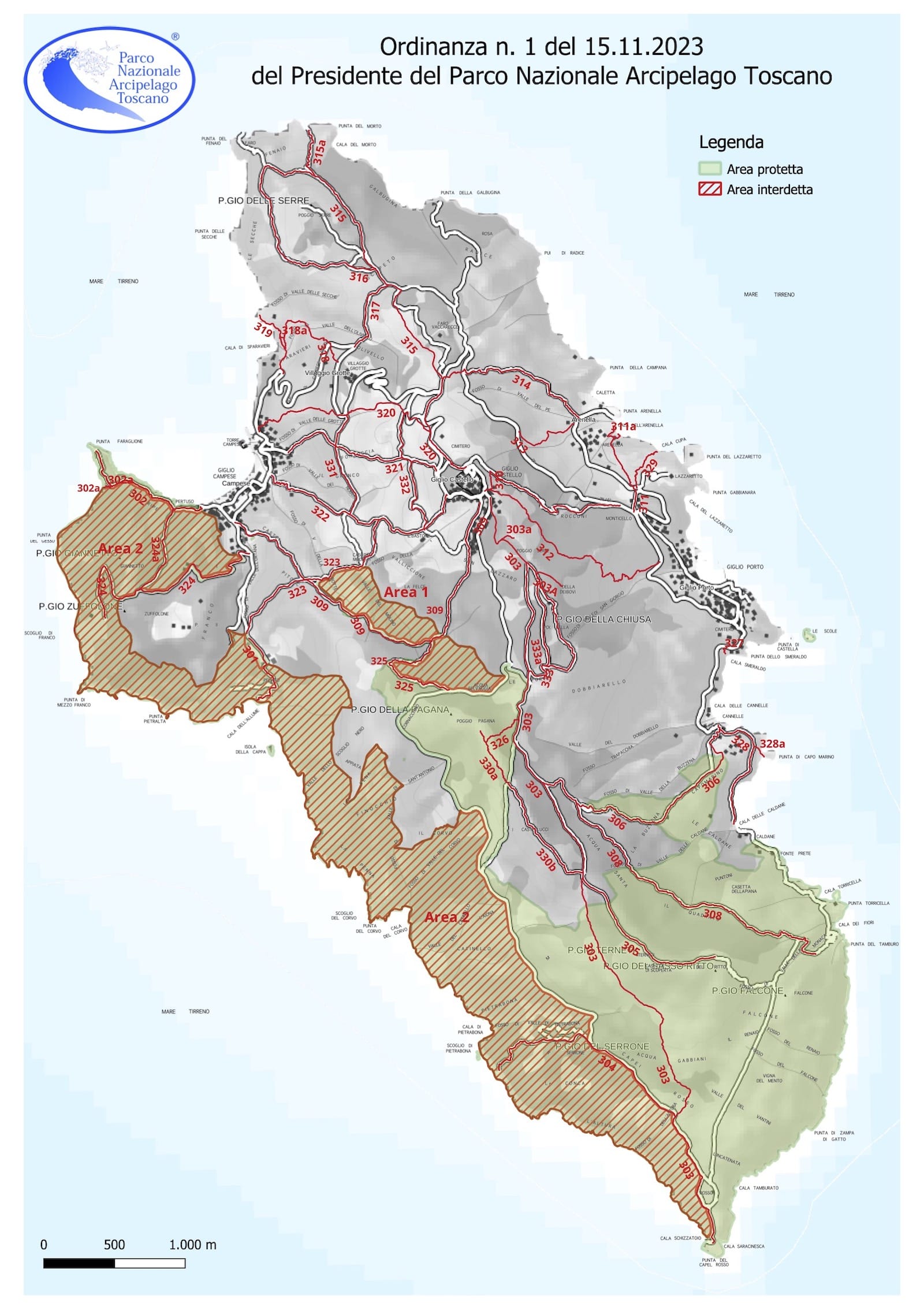 Mappa Isola del Giglio Ordinanza n. 1 del 2023 Parco Arcipelago Toscano