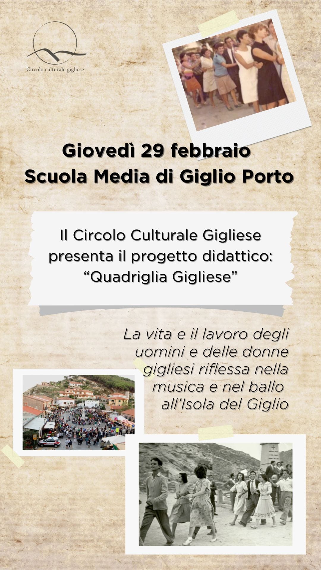 Locandina incontro Circolo Culturale Isola del Giglio con Tema della Quadriglia Ballo e Muscia Locale