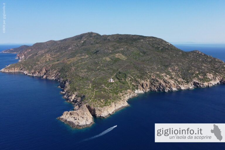 Punta meridionale dell'Isola del Giglio con Faro di Capel Rosso vista dall'alto con il drone