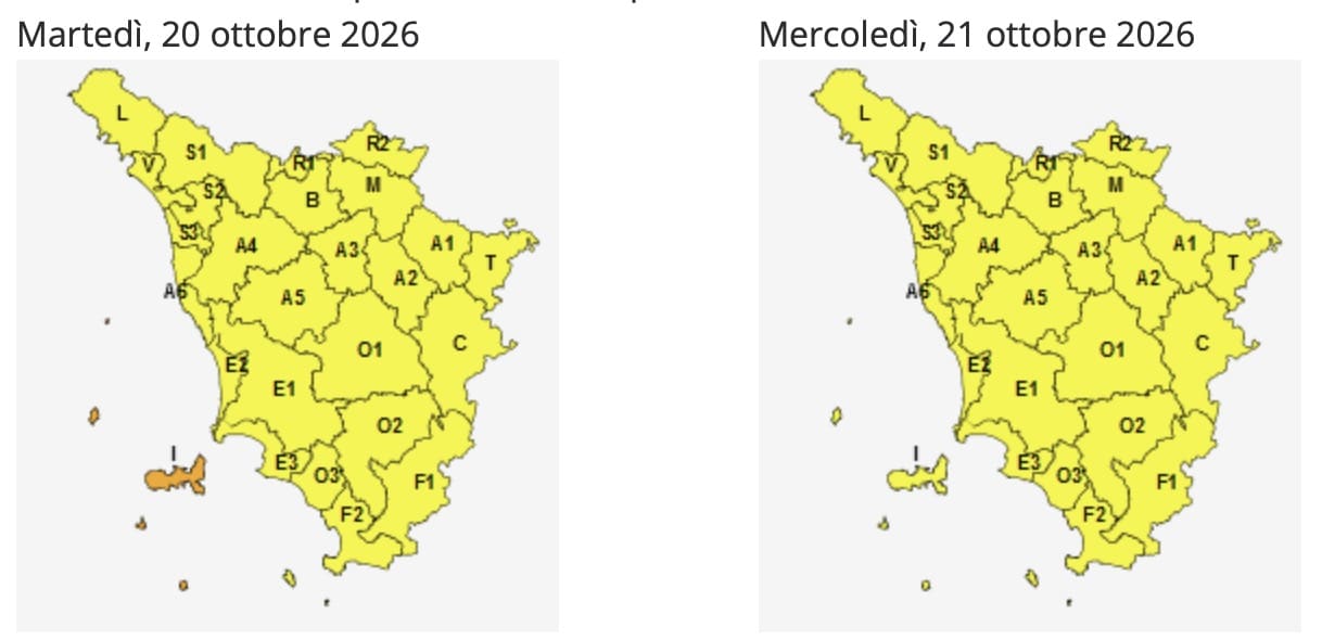 alerta meteo per la toscana per i giorni 20 e 21 ottobre 2026