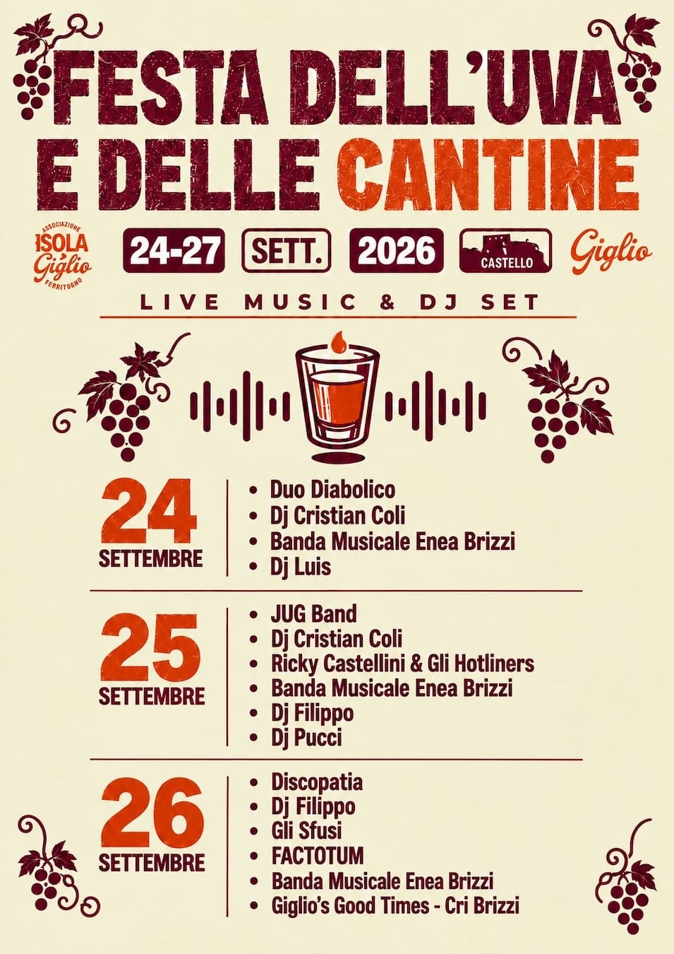 Programma Musicale alla Festa dell'Uva e delle Cantine 2026