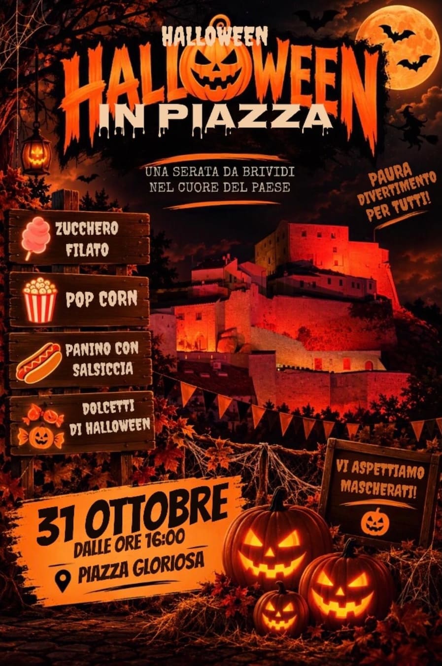 Locandina della Festa di Halloween in Piazza sabato 31 ottobre in Piazza Gloriosa a Giglio Castello