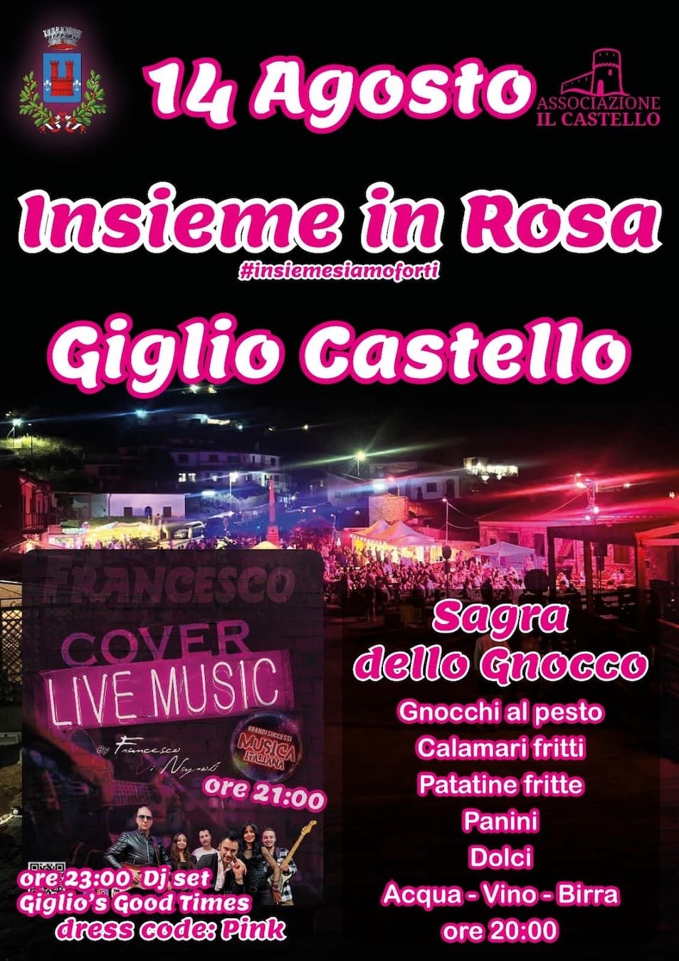 Sagra in Piazza: Locandina dell'appuntamento del 24 agosto Sagra dello Gnocco con insieme in Rosa a Giglio Castello