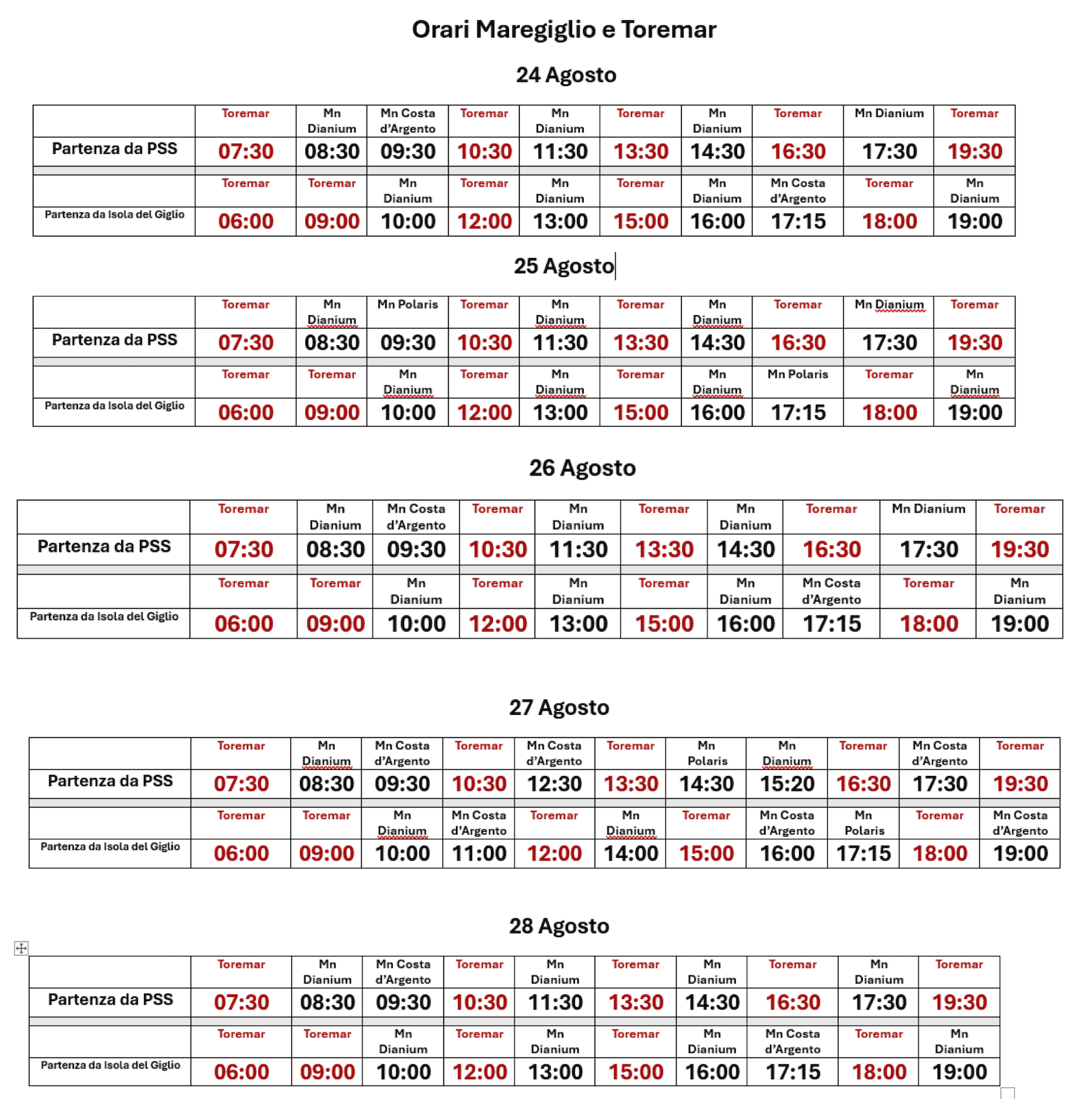 Traghetti per Giglio - Variazione Orari 24-28 Agosto