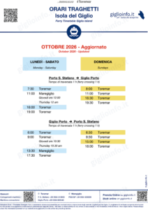 Variazione degli orari dei Traghetti per Giglio nel mese di Ottobre 2026
