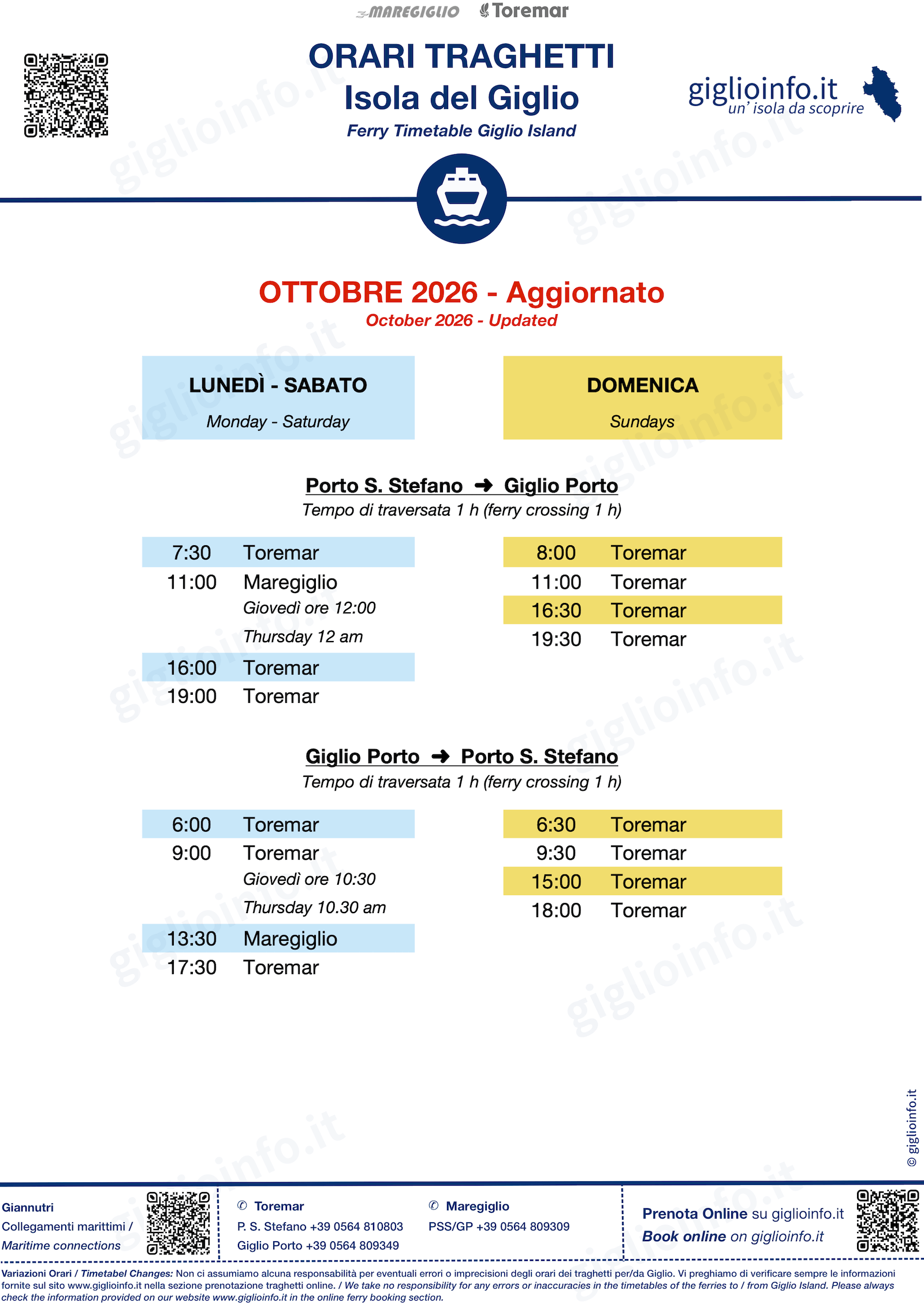 Variazione degli orari dei Traghetti per Giglio nel mese di Ottobre 2026