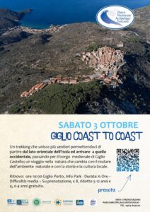 Locandina del Trekking Giglio Coast to Coast, sabato 3 ottobre, del Parco Nazionale Arcipelago Toscano
