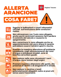 Locandina della Regione Toscana con le informazioni su cosa fare in caso di allerta meteo arancione.