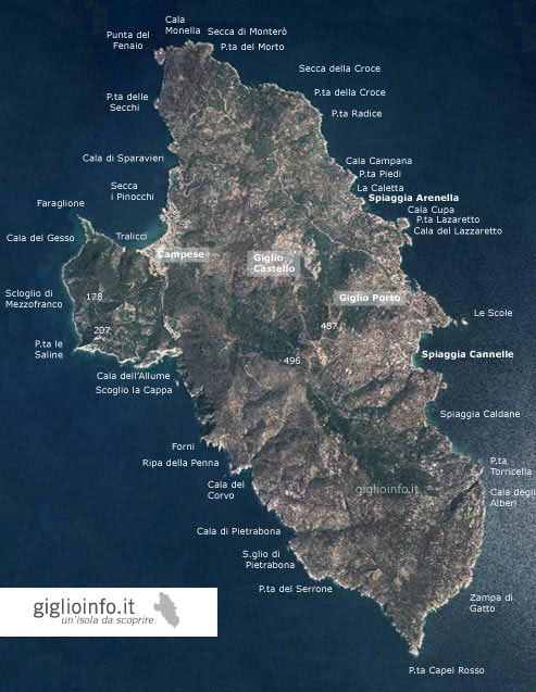 Mappa Satellitare dell'Isola del Giglio con Nomi Calette e Paesi